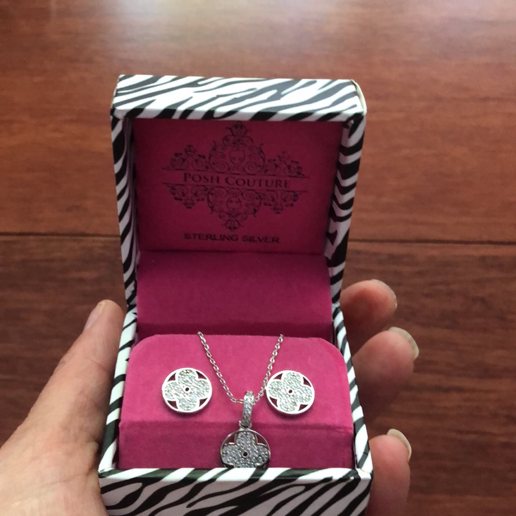 Lucky Charm Four Clever Silver Necklace & Earrings With Rhinestones, Jewelry Set